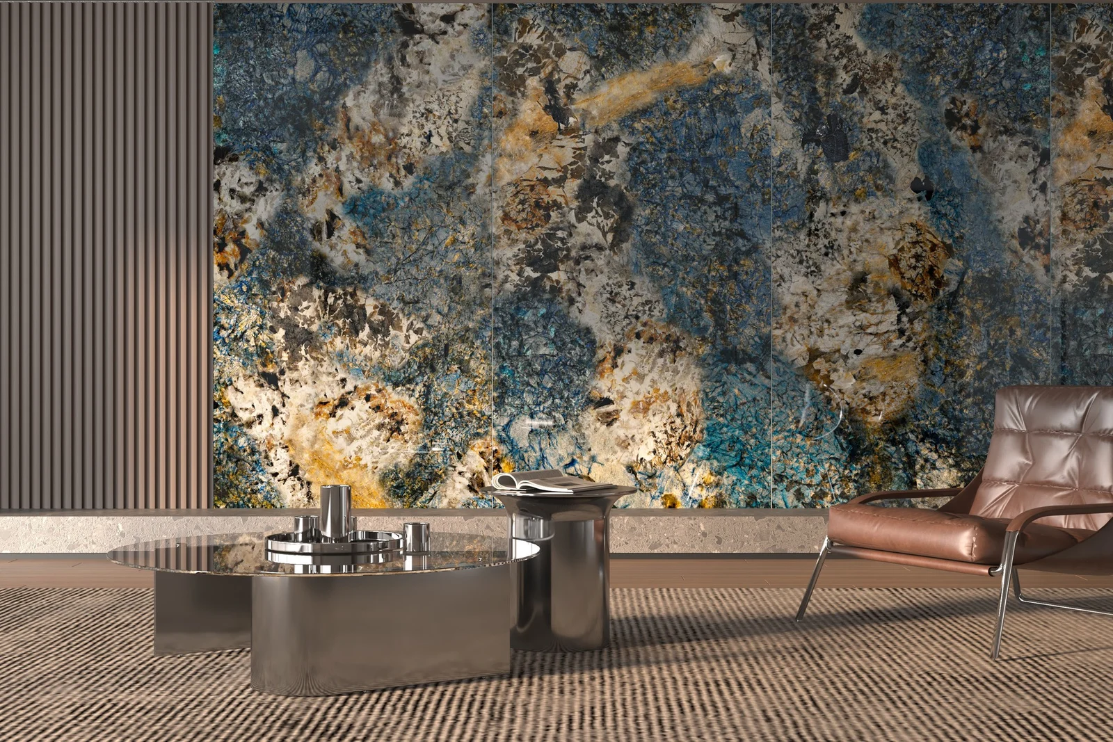 Large decorative stone-look wall panels, textured flooring and coordinated interior finishes.